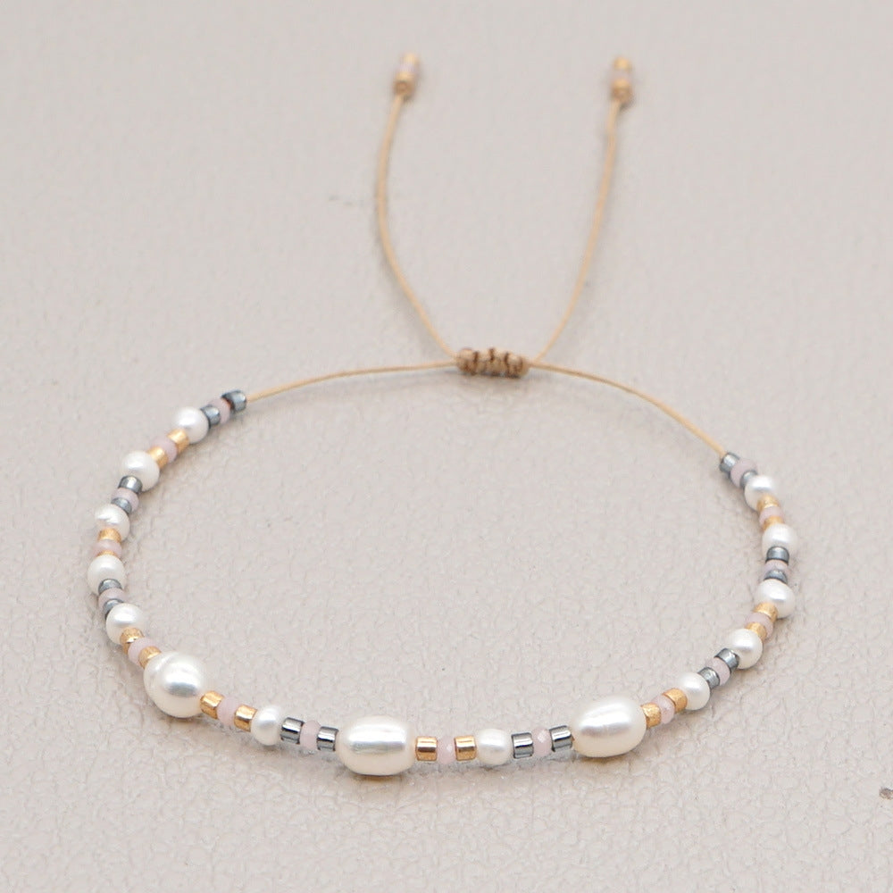 Simple Geometric Imitation Pearl Beaded Drawstring Bracelets for Women