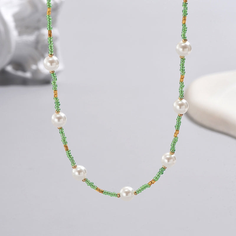 Bohemian Geometric Pearl Resin Seed Bead Necklace for Women