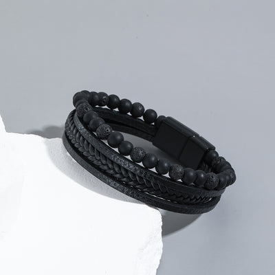 Simple Geometric PU Leather & Natural Obsidian Beaded Men's Bracelet