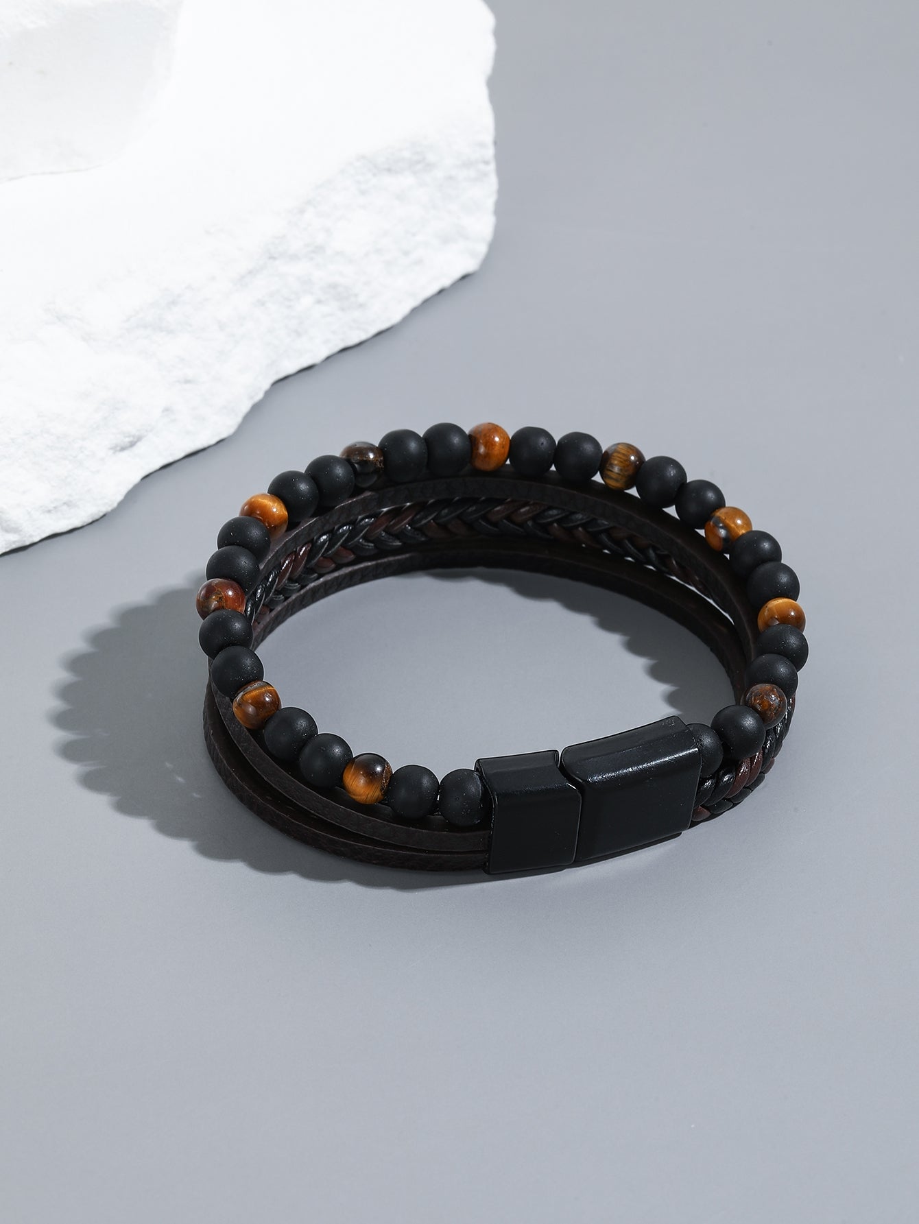 Simple Geometric PU Leather & Natural Obsidian Beaded Men's Bracelet