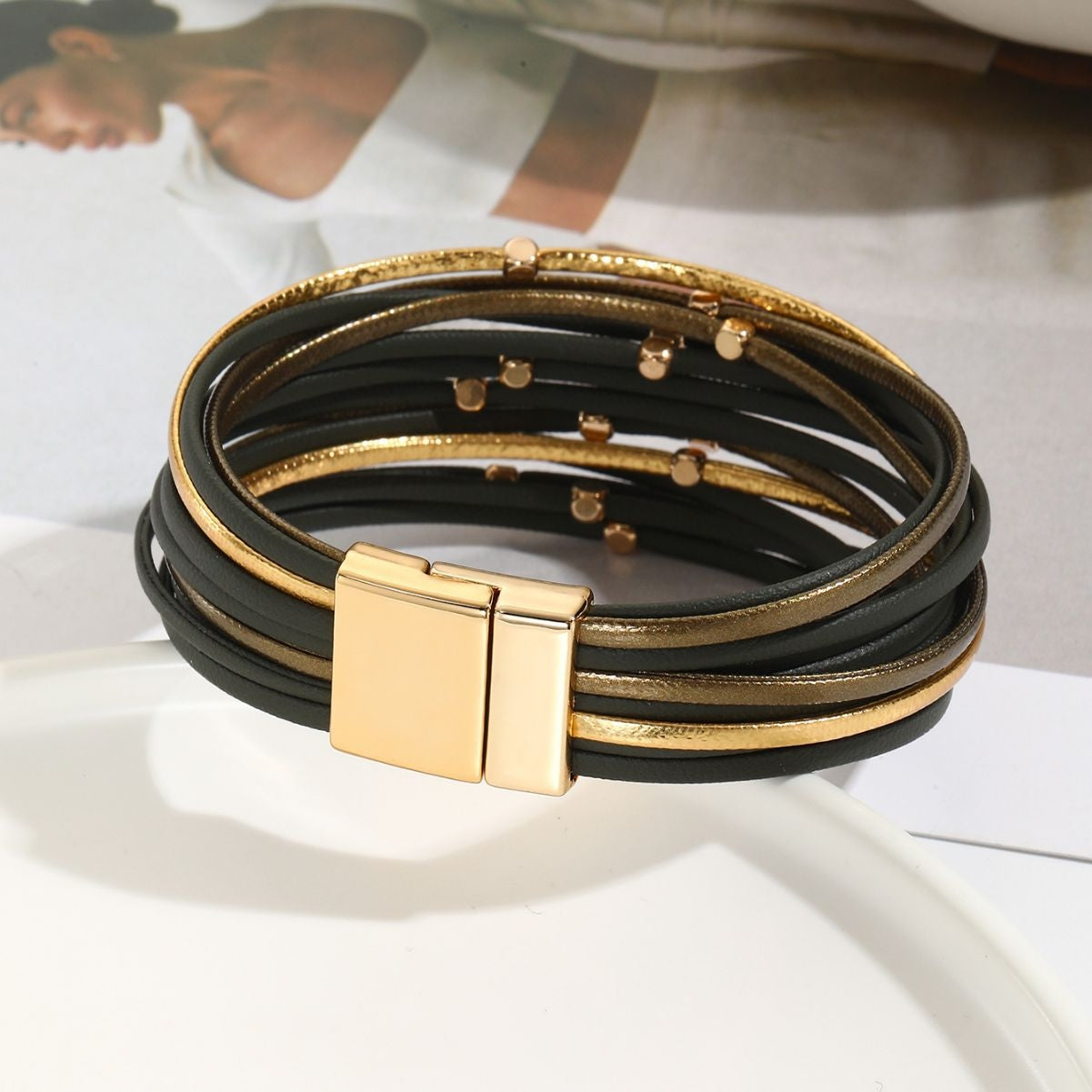 Simple Geometric PU Leather Multilayer Magnetic Bracelet with Vintage Metal Beads