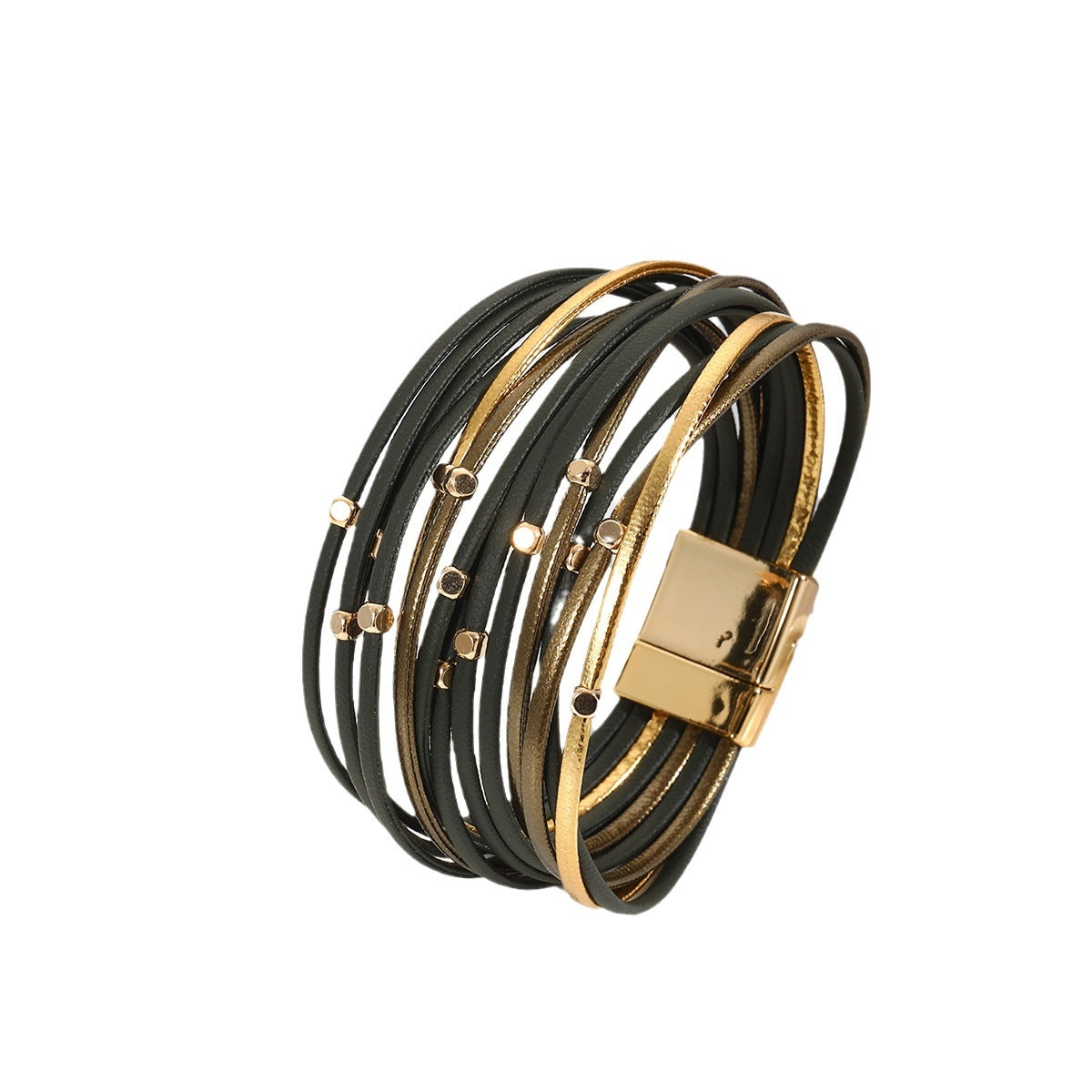 Simple Geometric PU Leather Multilayer Magnetic Bracelet with Vintage Metal Beads