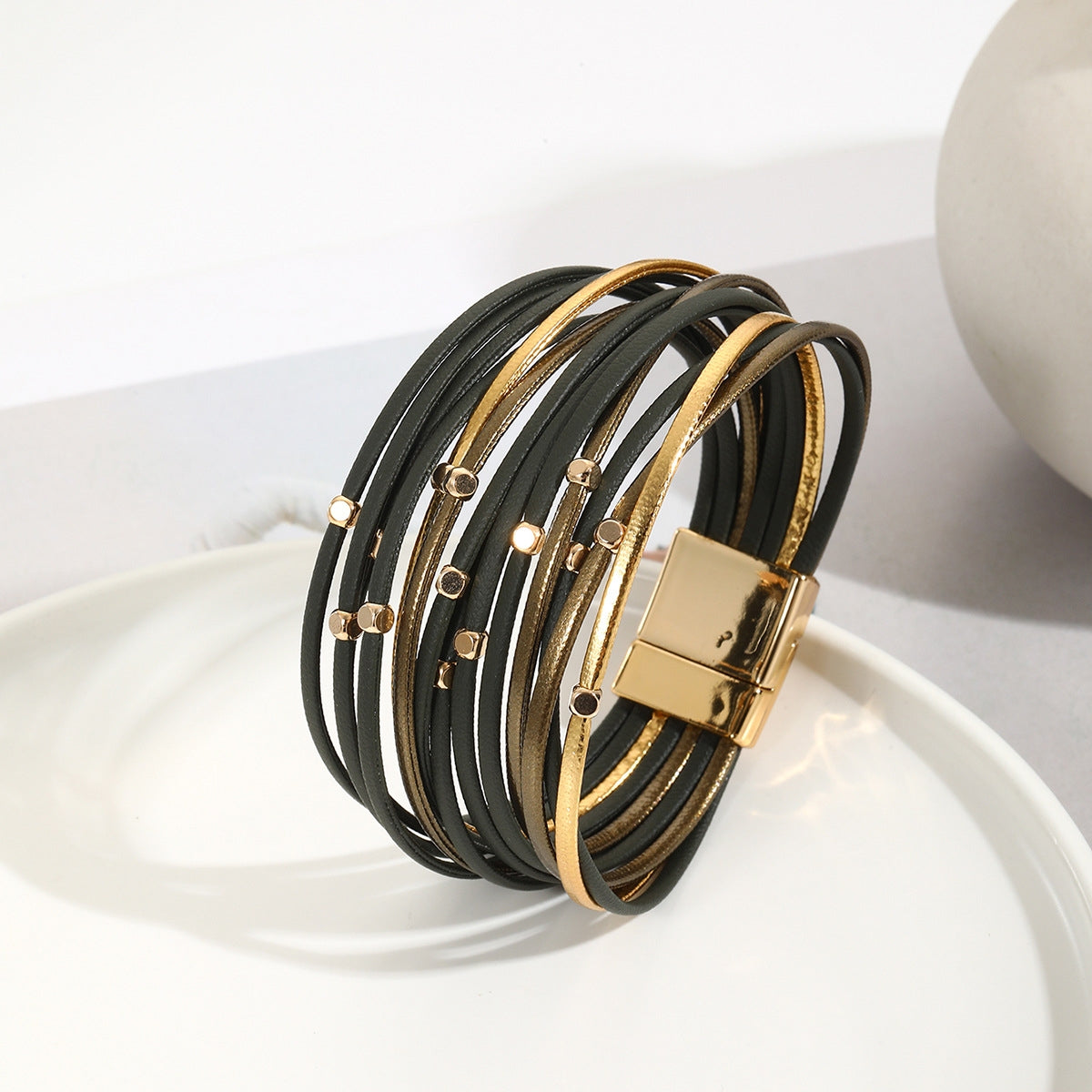 Simple Geometric PU Leather Multilayer Magnetic Bracelet with Vintage Metal Beads