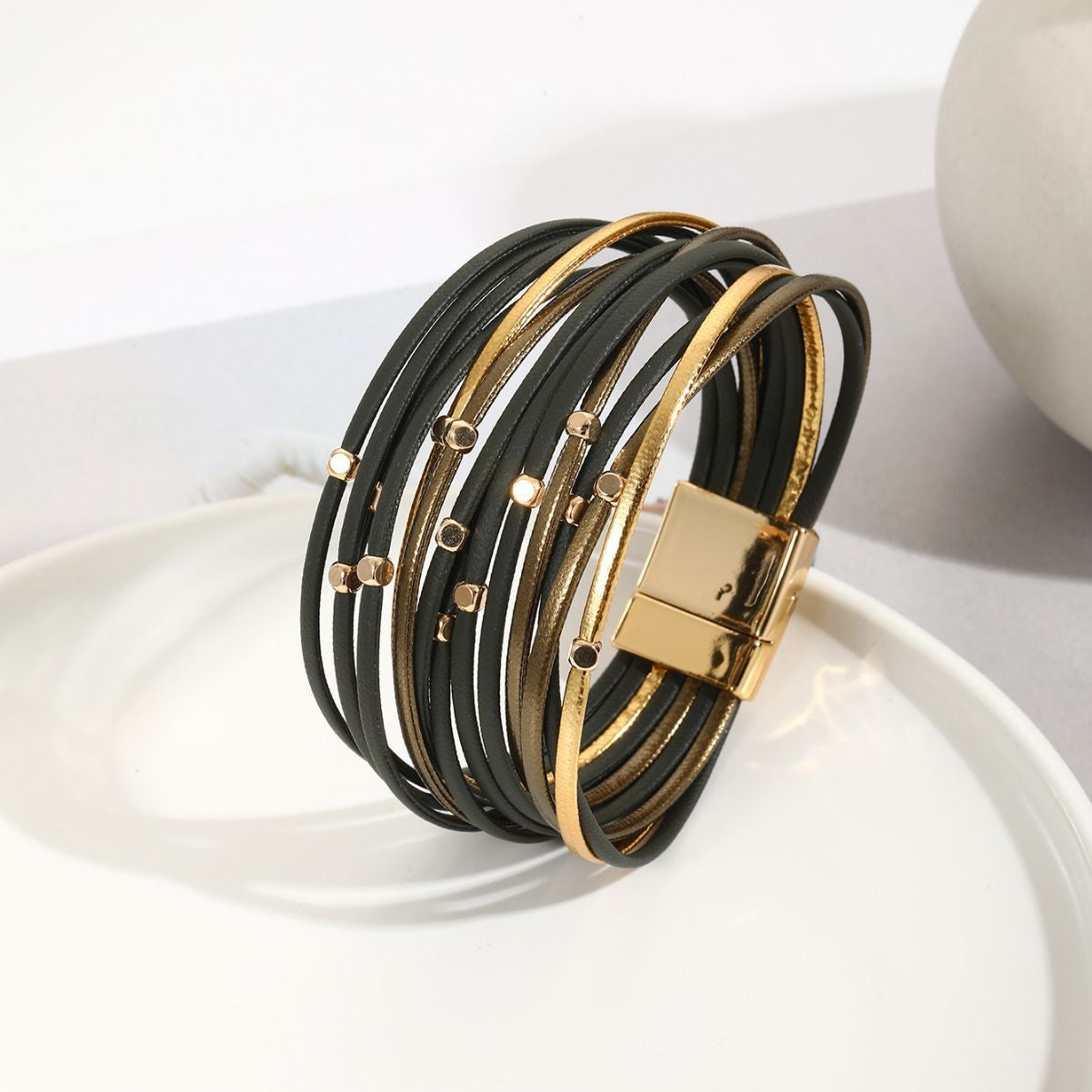 Simple Geometric PU Leather Multilayer Magnetic Bracelet with Vintage Metal Beads