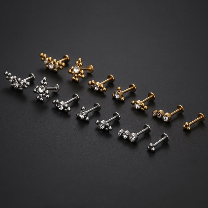 Geometric Zircon Inlay Stainless Steel Lip Stud Earrings