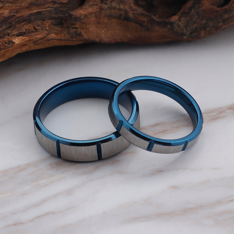 Simple Geometric Titanium Steel Couple Rings with Classic Blue Groove