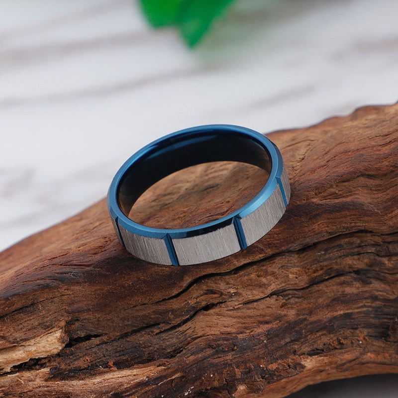 Simple Geometric Titanium Steel Couple Rings with Classic Blue Groove