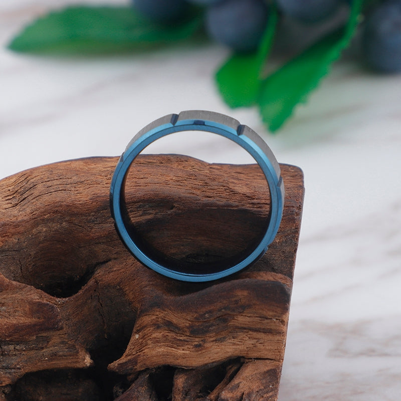 Simple Geometric Titanium Steel Couple Rings with Classic Blue Groove