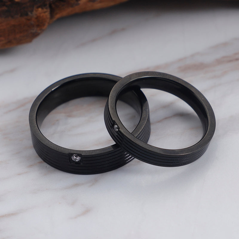 Simple Geometric Titanium Steel Couple Rings Set