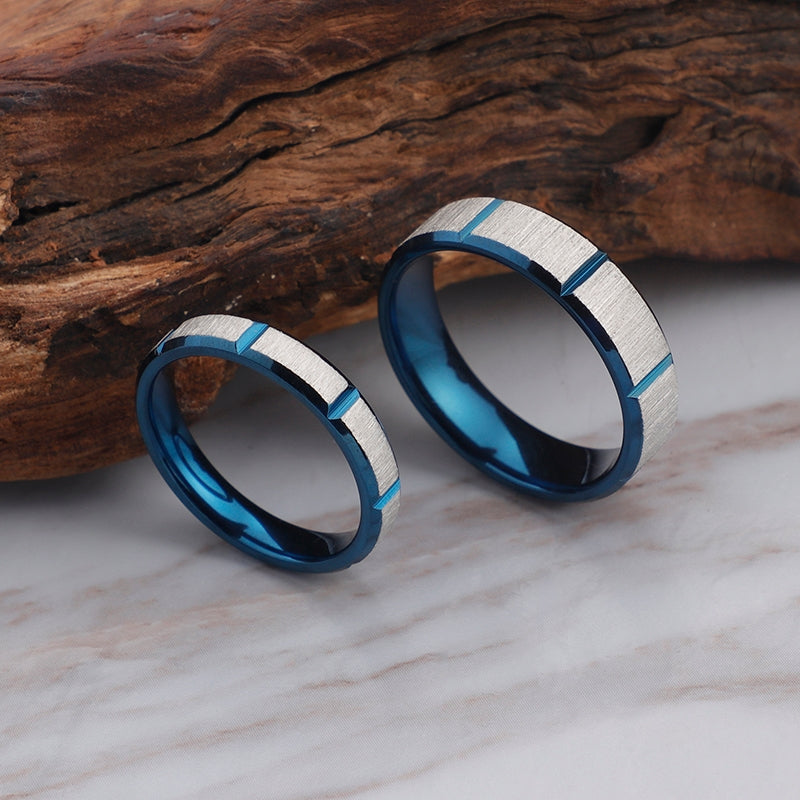 Simple Geometric Titanium Steel Couple Rings with Classic Blue Groove