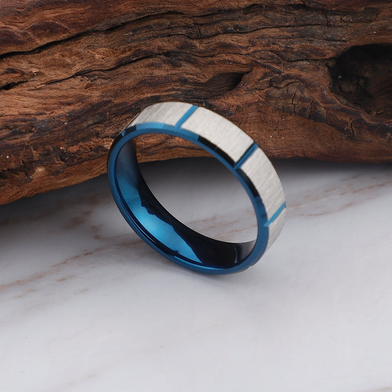 Simple Geometric Titanium Steel Couple Rings with Classic Blue Groove