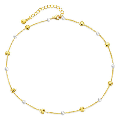 Simple Heart Crystal and Pearl Adjustable Gold Necklace