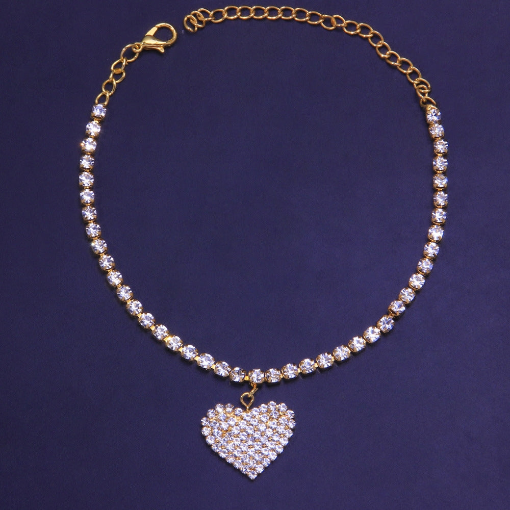 Simple Heart Shape Rhinestone Diamond Anklet - Trendy Beach Jewelry