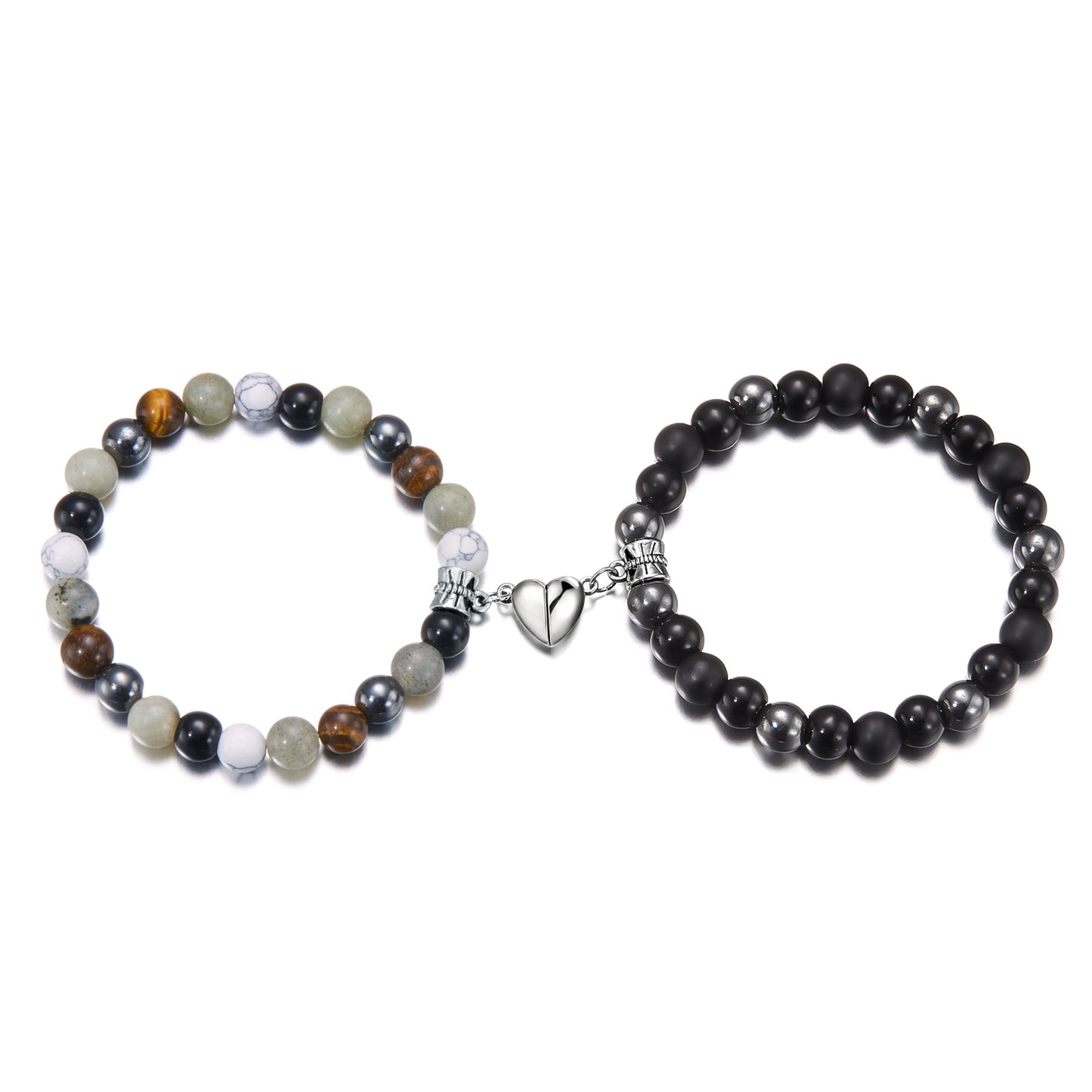 Simple Heart Shape Natural Stone Glass Beaded Unisex Couple Bracelets Set with Magnetic Attraction