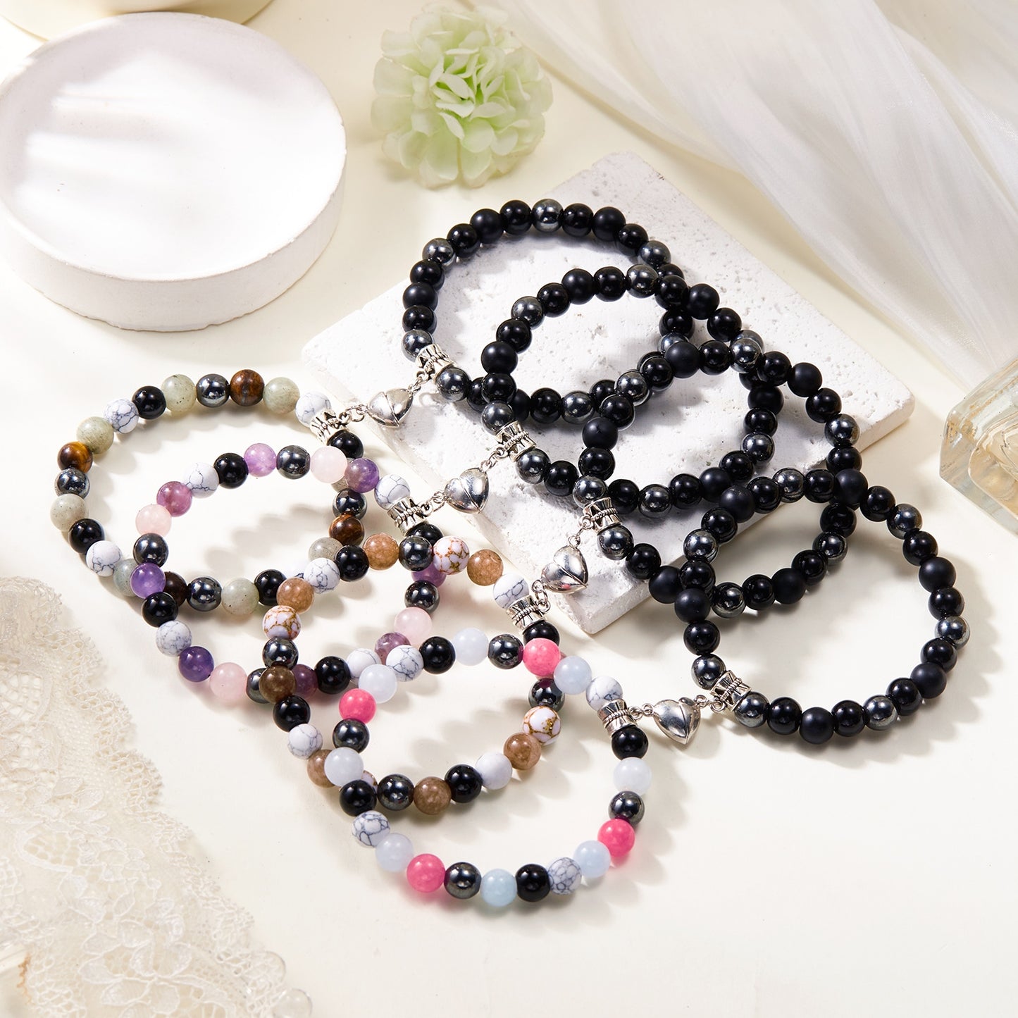 Simple Heart Shape Natural Stone Glass Beaded Unisex Couple Bracelets Set with Magnetic Attraction