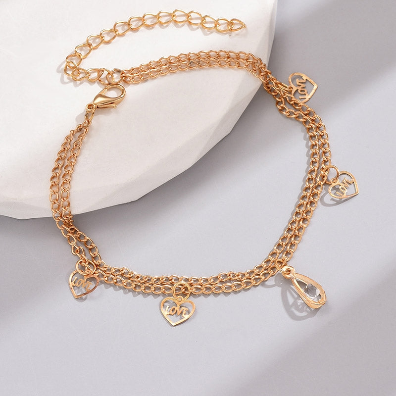 Simple Geometric Heart-Shaped Layered Rhinestone Women's Anklet