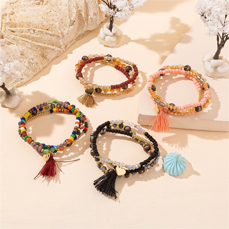 Simple Heart Crystal Tassel Beaded Bracelet Set for Women