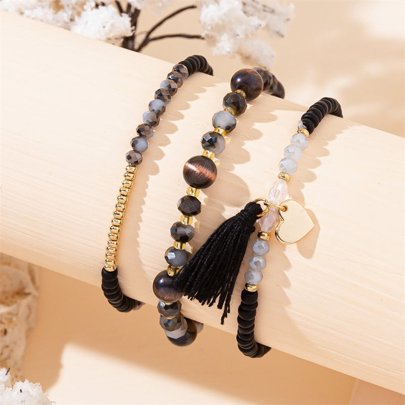 Simple Heart Crystal Tassel Beaded Bracelet Set for Women