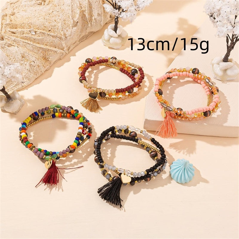 Simple Heart Crystal Tassel Beaded Bracelet Set for Women