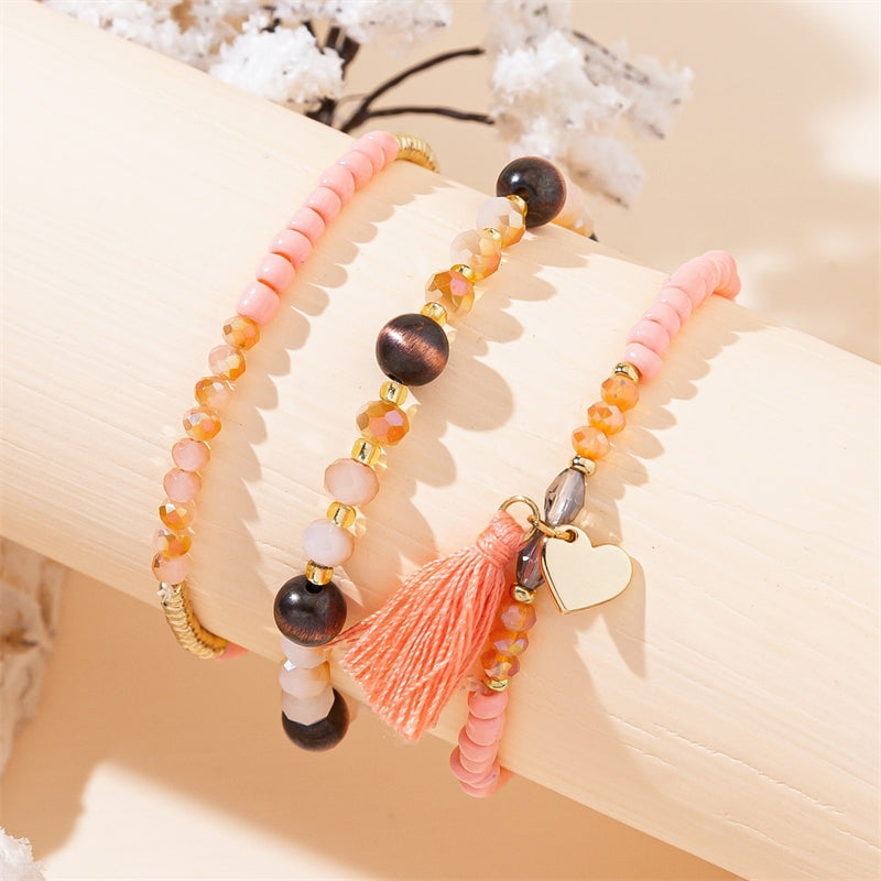 Simple Heart Crystal Tassel Beaded Bracelet Set for Women