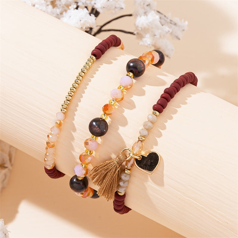 Simple Heart Crystal Tassel Beaded Bracelet Set for Women