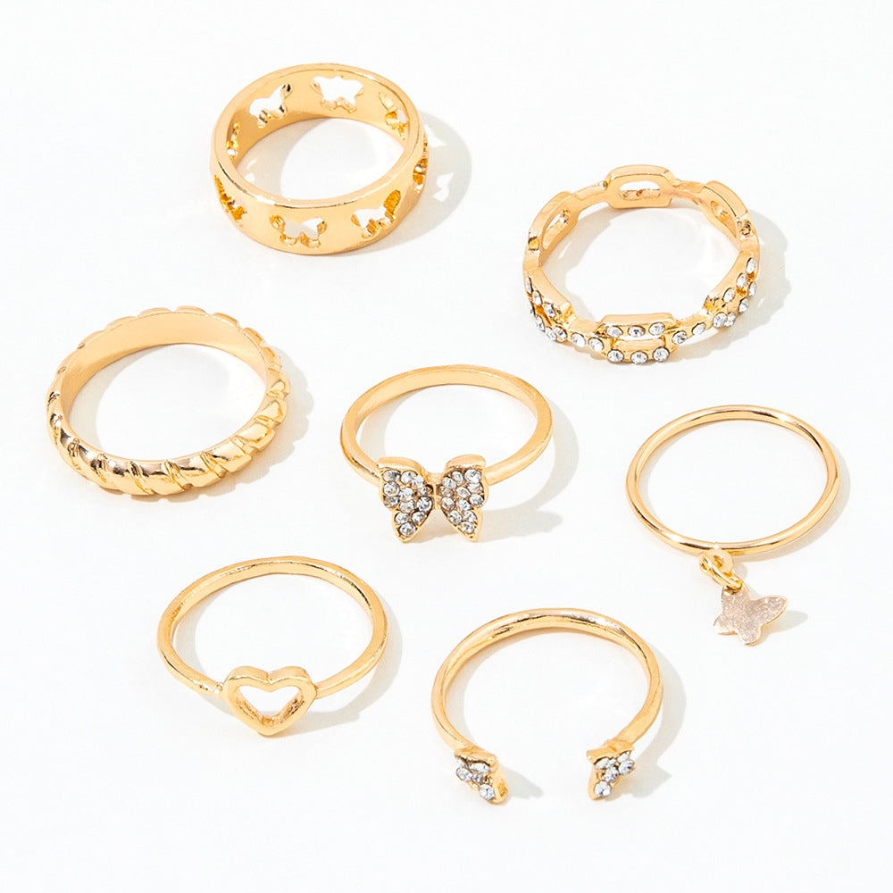 Simple Bohemian Rhinestone Butterfly Heart Ring Set for Women