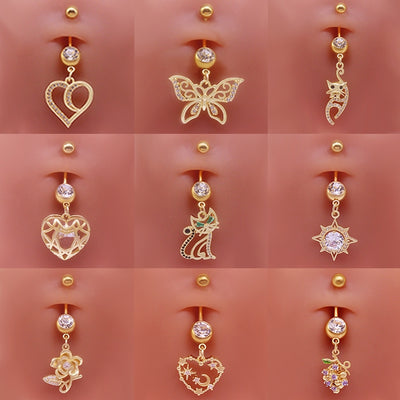 Heart Shape Butterfly Cat Zircon Stainless Steel Navel Ring