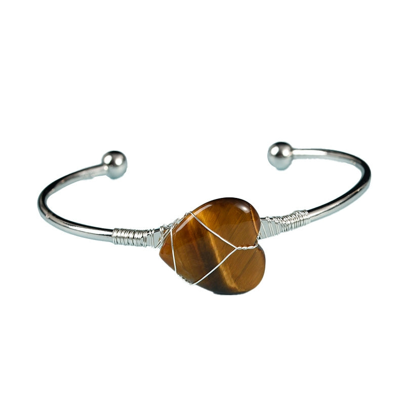 Simple Heart Crystal Bangle with Gemstone Beads Bracelet