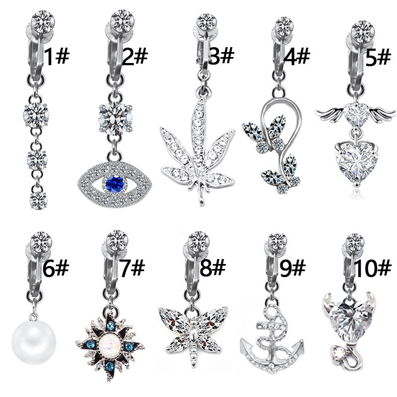 Heart & Eye Zircon Inlay Stainless Steel Belly Ring Set with Butterfly and Pearl Accents