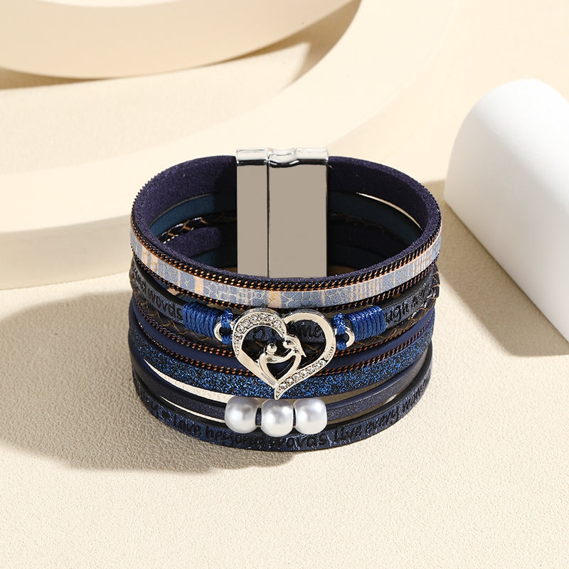 Heart Shape PU Leather Layered Bracelet with Magnetic Buckle and Embossed Letters