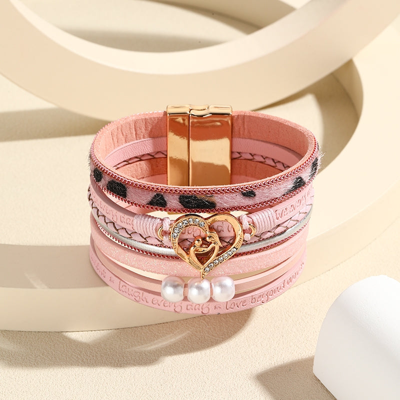 Heart Shape PU Leather Layered Bracelet with Magnetic Buckle and Embossed Letters