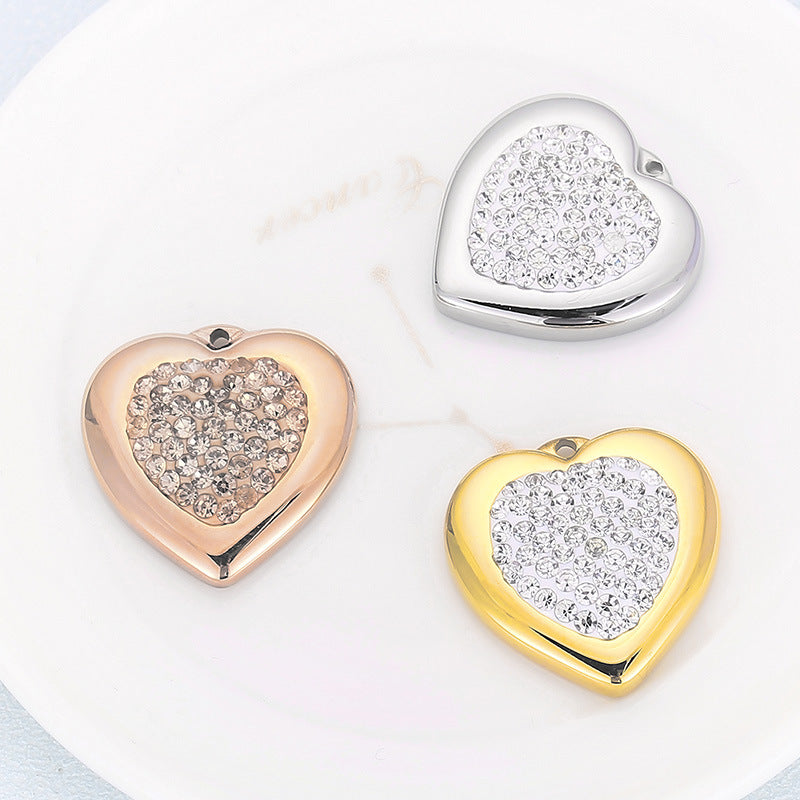Heart-Shaped Stainless Steel Rhinestone Pendant - Zircon Love Jewelry DIY Accessories