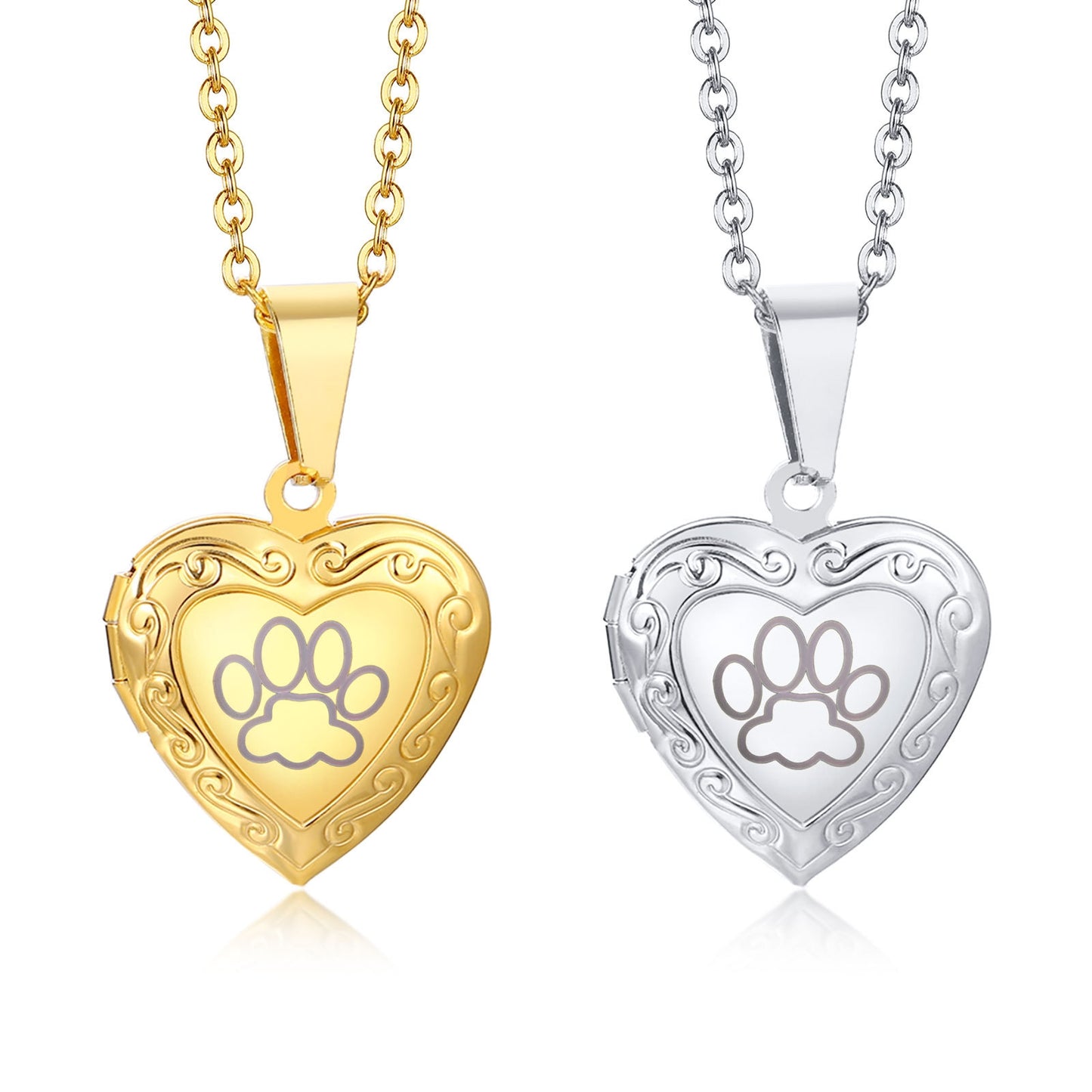 Stainless Steel Heart Locket Pendant Necklace with Paw Print Design