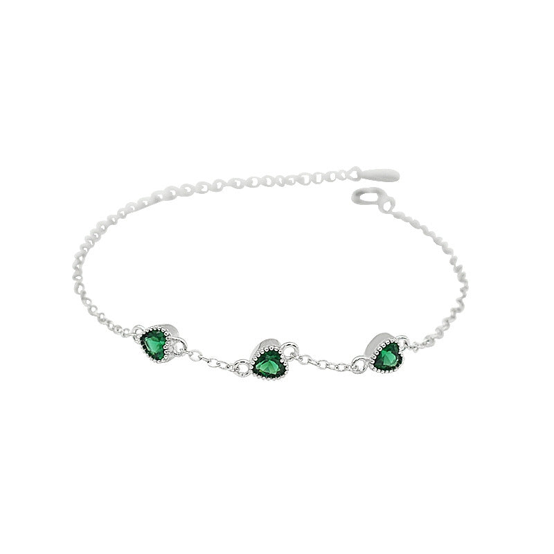 Simple Heart & Emerald Gemstone Sterling Silver Bracelet