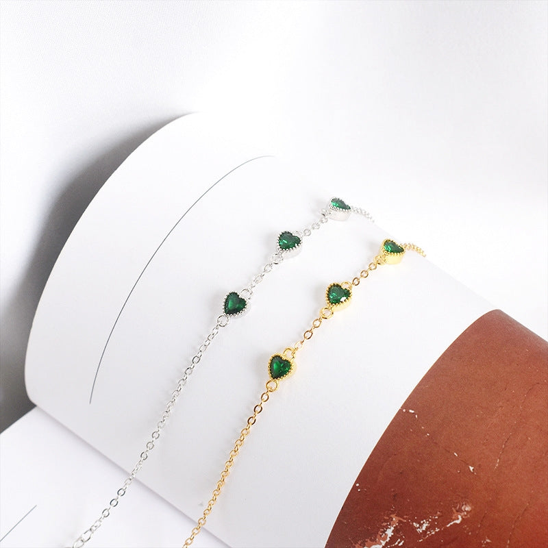 Simple Heart & Emerald Gemstone Sterling Silver Bracelet