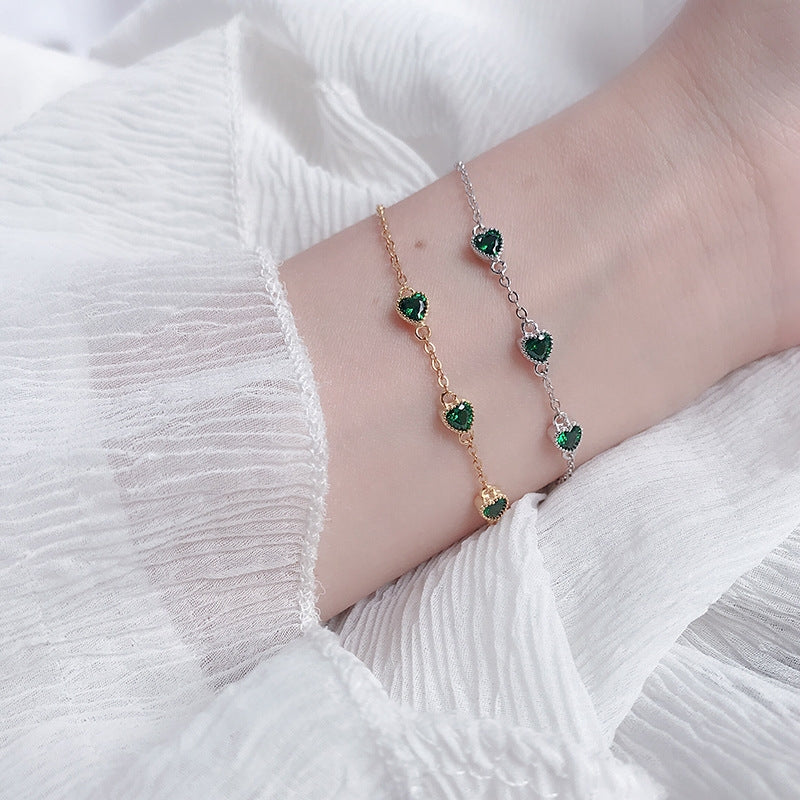 Simple Heart & Emerald Gemstone Sterling Silver Bracelet