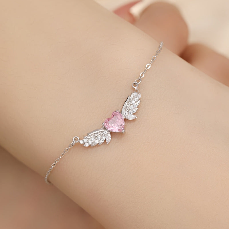 Sterling Silver Heart & Angel Wings Zircon Bracelet - Women's Luxury Clavicle Chain