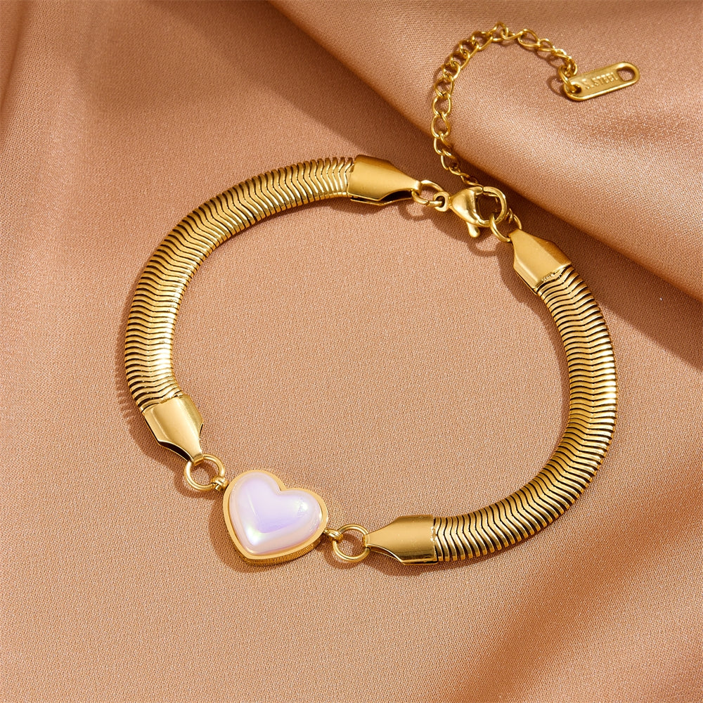 18K Gold Plated Heart & Pearl Stainless Steel Bracelet