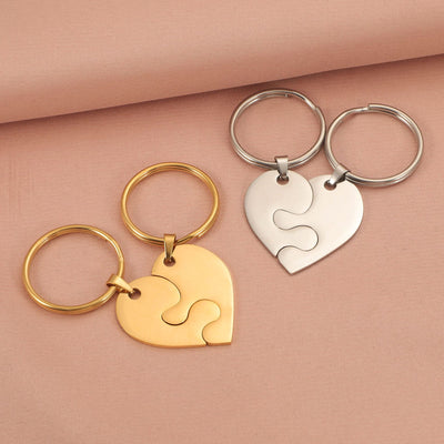 Simple Heart Puzzle Titanium Steel Keychain for Couples