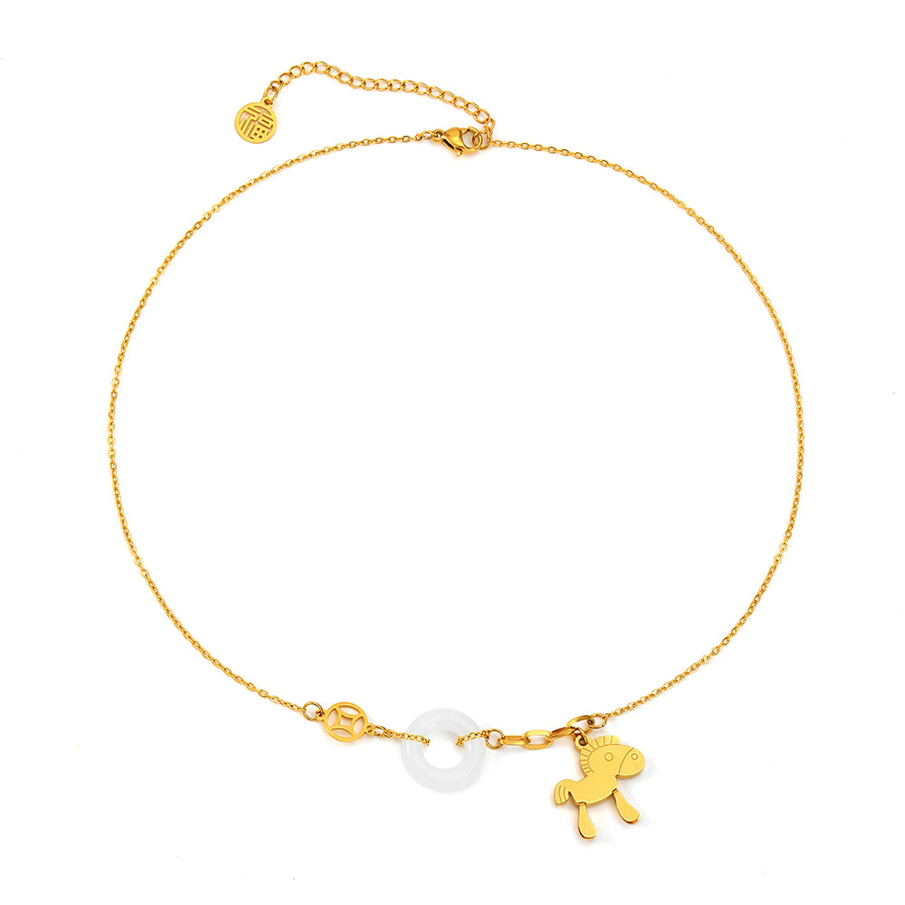 Titanium Steel Jade Inlay Horse Pendant Necklace - National Style Pony Safety Buckle Design