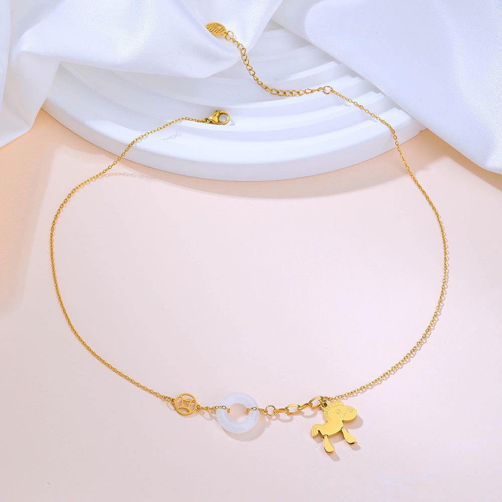 Titanium Steel Jade Inlay Horse Pendant Necklace - National Style Pony Safety Buckle Design