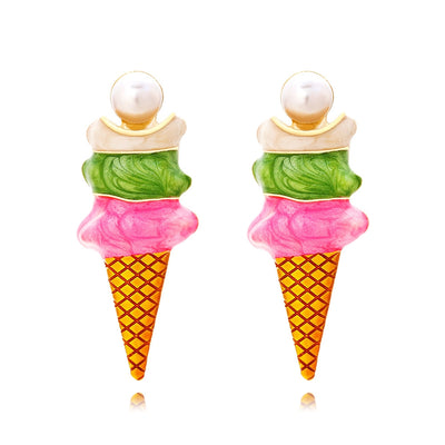 Simple Style Enamel Ice Cream Cone Earrings with Artificial Pearls for Women