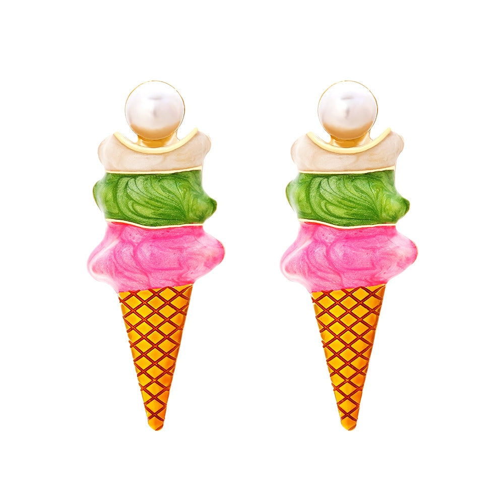 Simple Style Enamel Ice Cream Cone Earrings with Artificial Pearls for Women