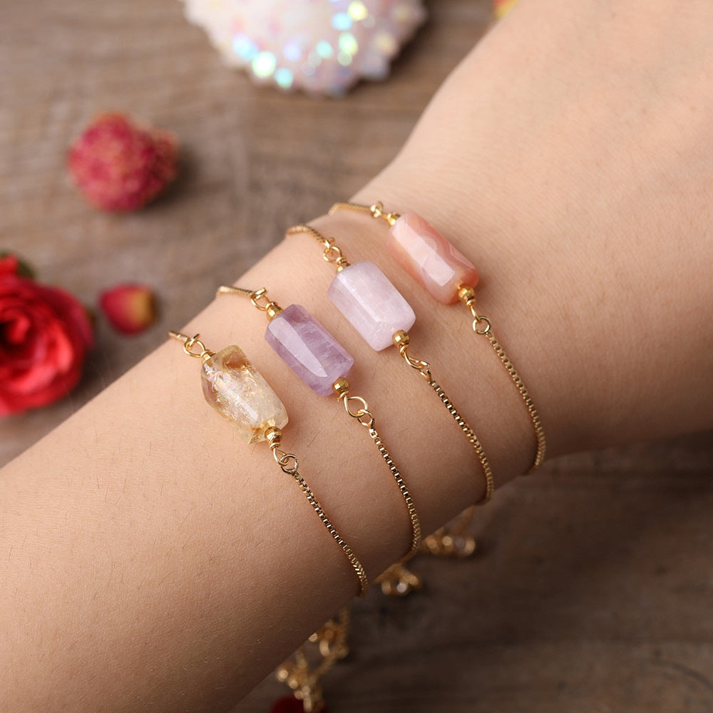 Simple Irregular Agate and Multi-Prismatic Stone Adjustable Metal Chain Bracelet