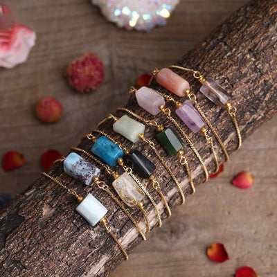 Simple Irregular Agate and Multi-Prismatic Stone Adjustable Metal Chain Bracelet