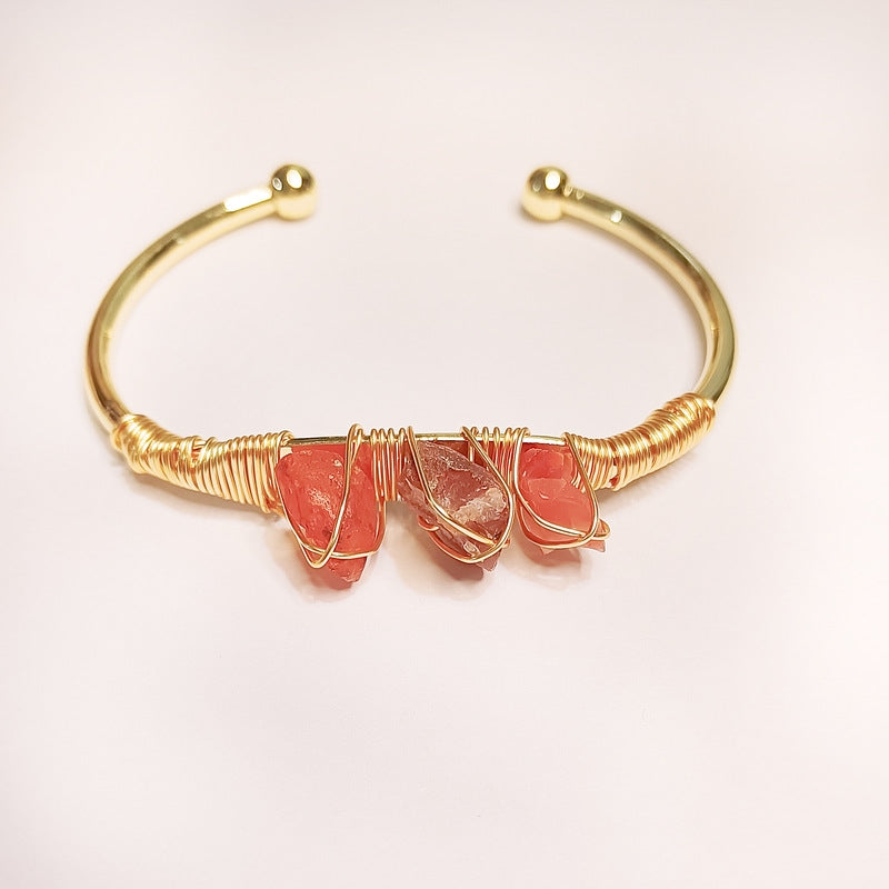 Simple Irregular Natural Stone Crystal Gold-Plated Bangle Bracelet