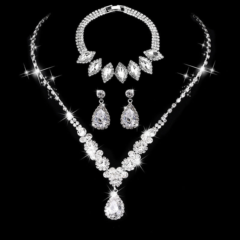 Elegant Leaf & Water Droplet Rhinestone Jewelry Set with Evening Clutch