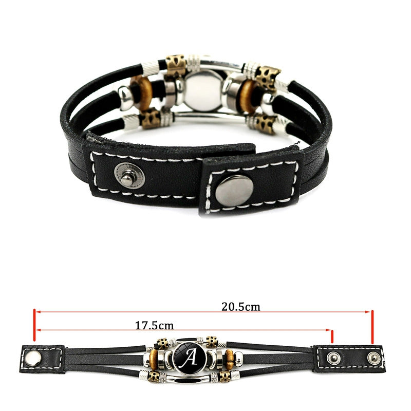 Unisex Retro Punk Multi-Layer Beaded Leather Bracelet with Alphabet Charm