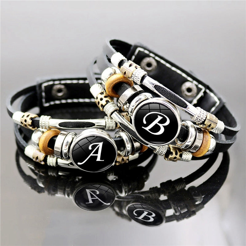 Unisex Retro Punk Multi-Layer Beaded Leather Bracelet with Alphabet Charm