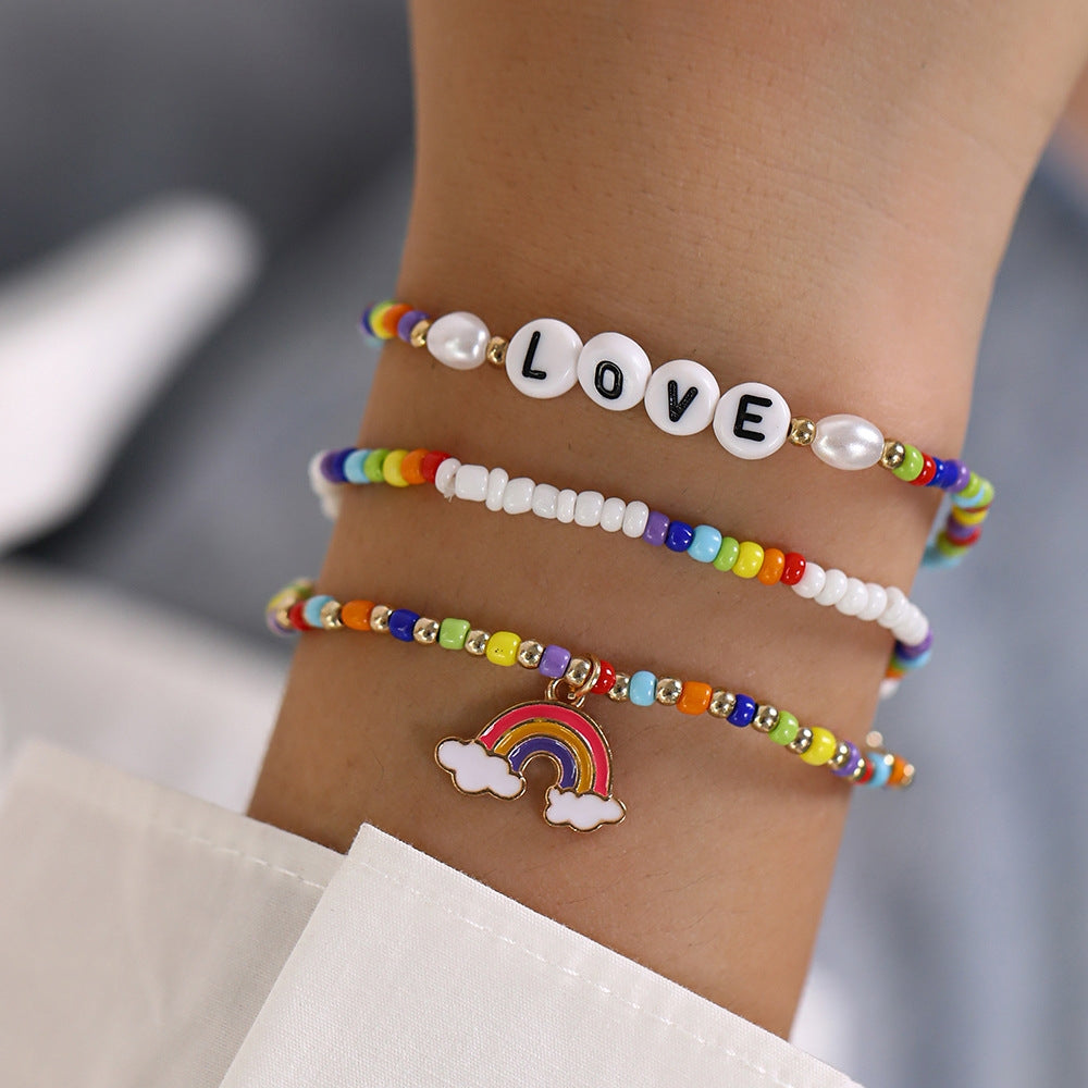 Simple Bohemian Love Letter Rainbow Beaded Bracelet Set